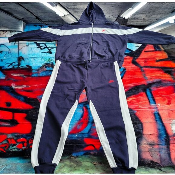 90s Nike Mens 3X Navy Tracksuit Set Hooded Jacket & Joggers White Tag Embroidere - Picture 1 of 16
